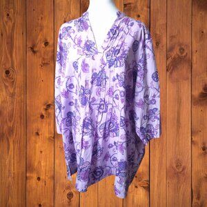 Lands' End Women's 1X Purple Floral Popover 3/4 Sleeve Tunic Top Blouse